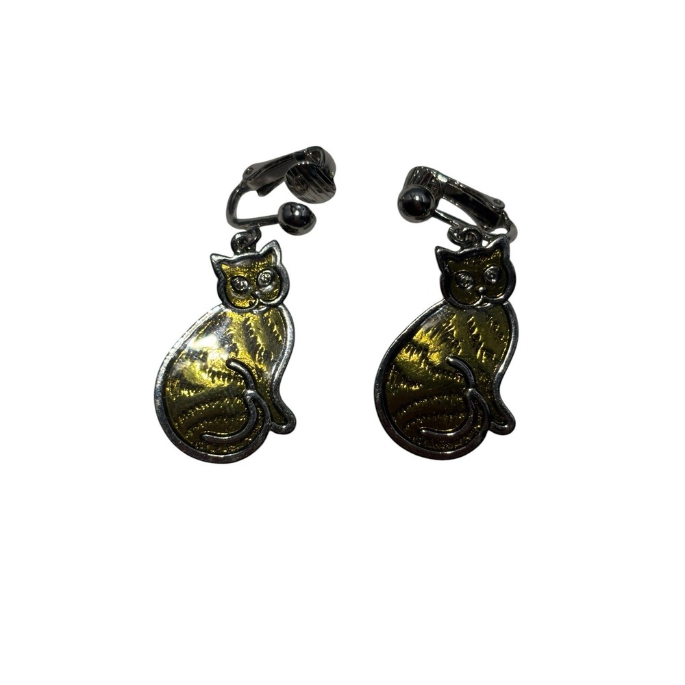 Vintage  silver tone and gold enamel Kitty Cat Kitten Clip On Dangle Earrings
